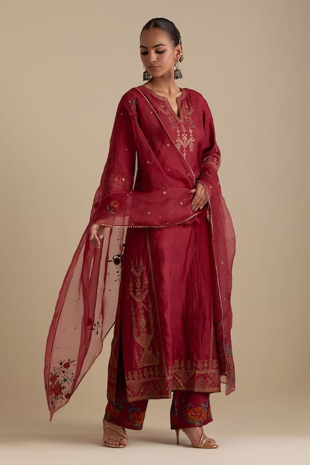 KORA Zari Embroidered Straight Kurta Set 