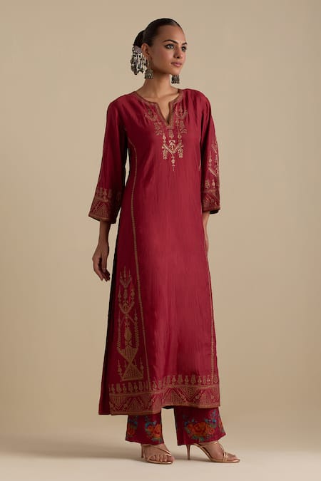 Kora_Red , Organza Sequins, Gota Patti, Embroidery Zari Straight Kurta Set _at_Aza_Fashions