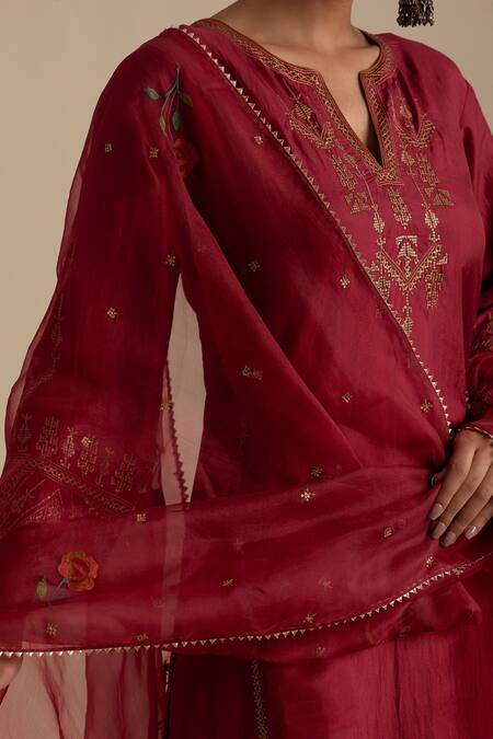 Shop_Kora_Red , Organza Sequins, Gota Patti, Embroidery Zari Straight Kurta Set 