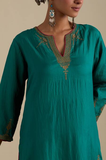 Buy_Kora_Green , Organza Sequins, Gota Patti, Embroidery Straight Kurta Pant Set _Online_at_Aza_Fashions