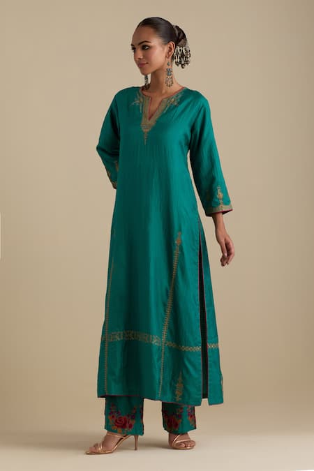 Kora_Green , Organza Sequins, Gota Patti, Embroidery Straight Kurta Pant Set _at_Aza_Fashions