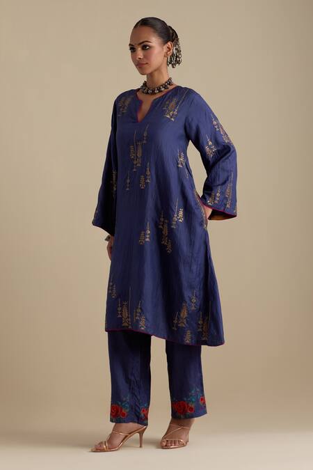 Kora_Blue , Organza Sequins, Zari, Embroidery Round A-line Kurta Pant Set _Online_at_Aza_Fashions
