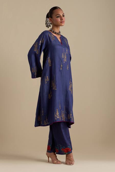 Buy_Kora_Blue , Organza Sequins, Zari, Embroidery Round A-line Kurta Pant Set _Online_at_Aza_Fashions