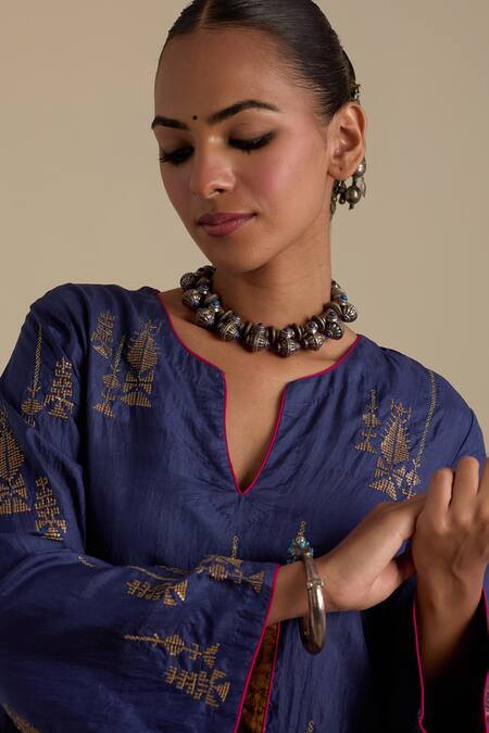 Shop_Kora_Blue , Organza Sequins, Zari, Embroidery Round A-line Kurta Pant Set _Online_at_Aza_Fashions