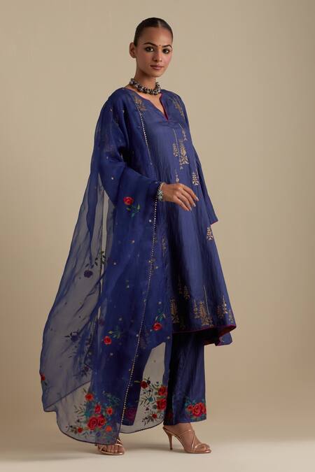 Kora_Blue , Organza Sequins, Zari, Embroidery Round A-line Kurta Pant Set _at_Aza_Fashions