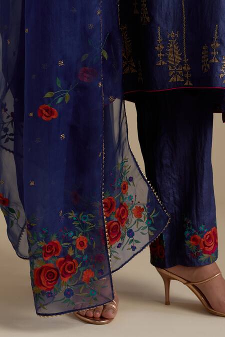 Buy_Kora_Blue , Organza Sequins, Zari, Embroidery Round A-line Kurta Pant Set 