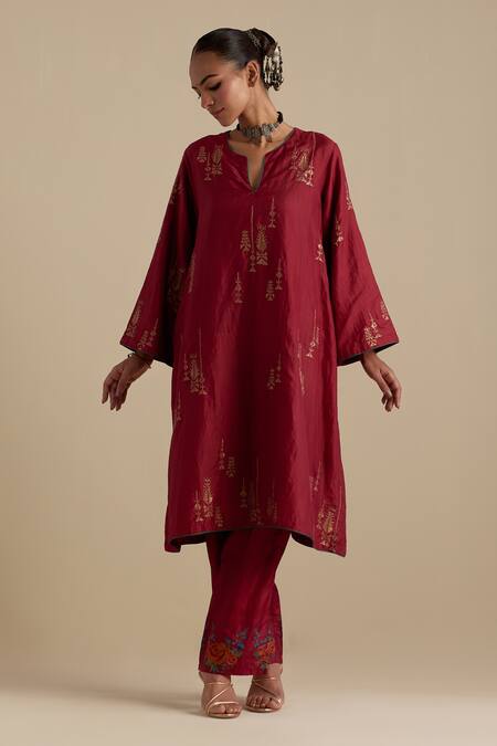 Buy_Kora_Red , Organza Sequins, Embroidery, Gota Patti, Zari A-line Kurta Set _Online_at_Aza_Fashions