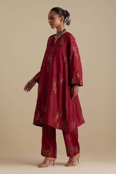 Shop_Kora_Red , Organza Sequins, Embroidery, Gota Patti, Zari A-line Kurta Set _Online_at_Aza_Fashions
