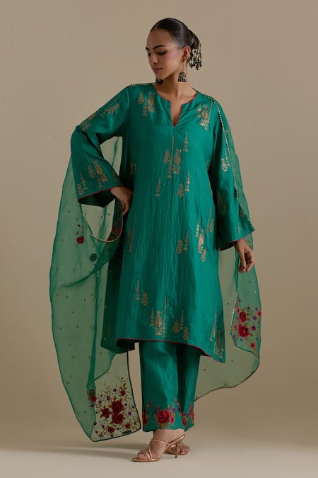 KORA Embroidered A-Line Kurta Pant Set 