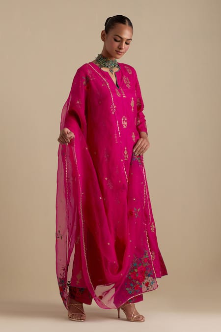 KORA Fuchsia Kurta And Pant Silk Embroidered Zari Notched Round Butis Long Set 