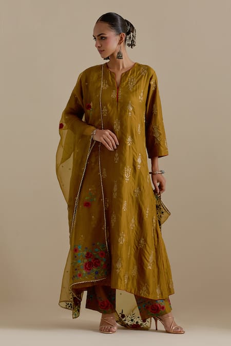 KORA Embroidered Butis Long Kurta Pant Set 