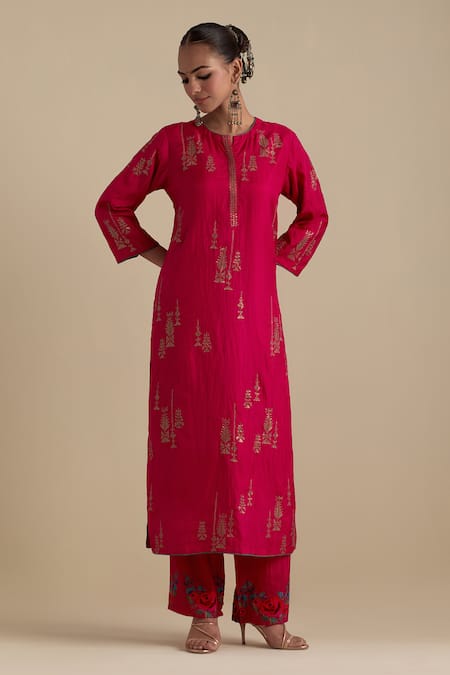 Kora_Fuchsia , Organza Sequins, Zari, Contrast Hem Straight Kurta Pant Set _Online_at_Aza_Fashions