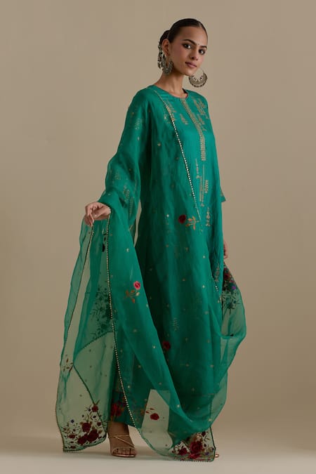 KORA Green Kurta And Pant Silk Embroidered Zari Round Contrast Hem Straight Set 