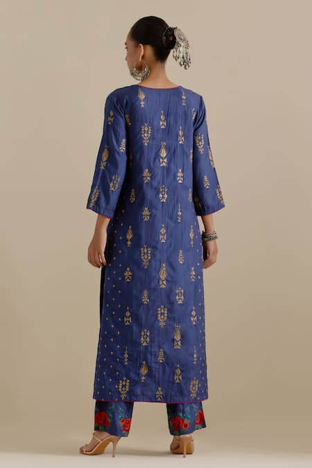 Shop_Kora_Blue , Organza Sequins, Embroidery, Gota Patti, Notched Kurta Set _at_Aza_Fashions