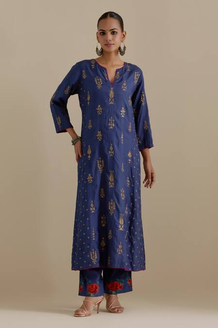 Kora_Blue , Organza Sequins, Embroidery, Gota Patti, Notched Kurta Set _Online_at_Aza_Fashions