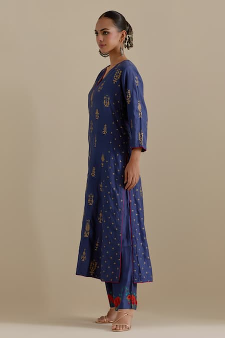 Buy_Kora_Blue , Organza Sequins, Embroidery, Gota Patti, Notched Kurta Set _Online_at_Aza_Fashions