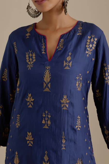Shop_Kora_Blue , Organza Sequins, Embroidery, Gota Patti, Notched Kurta Set _Online_at_Aza_Fashions