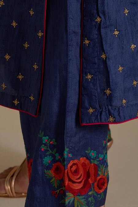 Kora_Blue , Organza Sequins, Embroidery, Gota Patti, Notched Kurta Set _at_Aza_Fashions