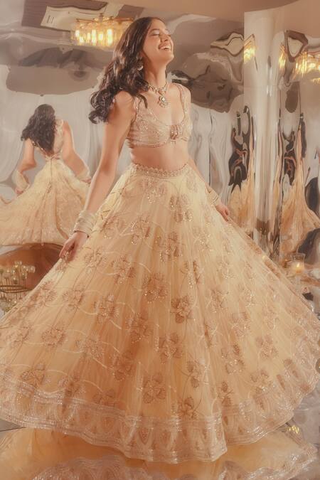 Tuhina Srivastava_Beige Silk, Velvet, Tulle Sequins, Leaf Pattern Embroidered Lehenga Blouse Set_Online_at_Aza_Fashions