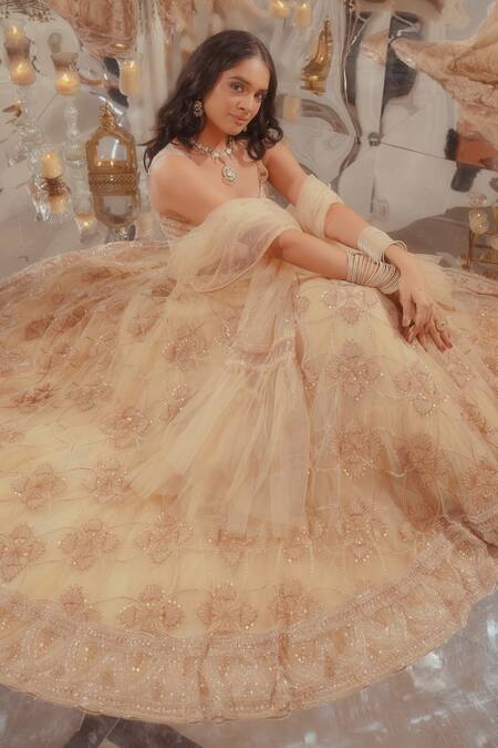 Buy_Tuhina Srivastava_Beige Silk, Velvet, Tulle Sequins, Leaf Pattern Embroidered Lehenga Blouse Set_Online_at_Aza_Fashions