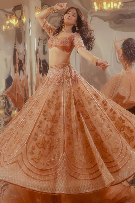 Shop_Tuhina Srivastava_Gold Tulle, Organza, Satin, , Velvet Zari Lehenga Blouse Set _Online_at_Aza_Fashions