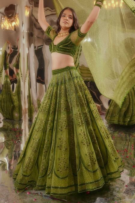 Shop_Tuhina Srivastava_Green Tulle, Organza, Satin, Floral Embroidered Lehenga Set _Online_at_Aza_Fashions