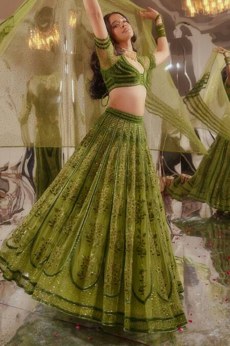 Tuhina Srivastava_Green Tulle, Organza, Satin, Floral Embroidered Lehenga Set _at_Aza_Fashions