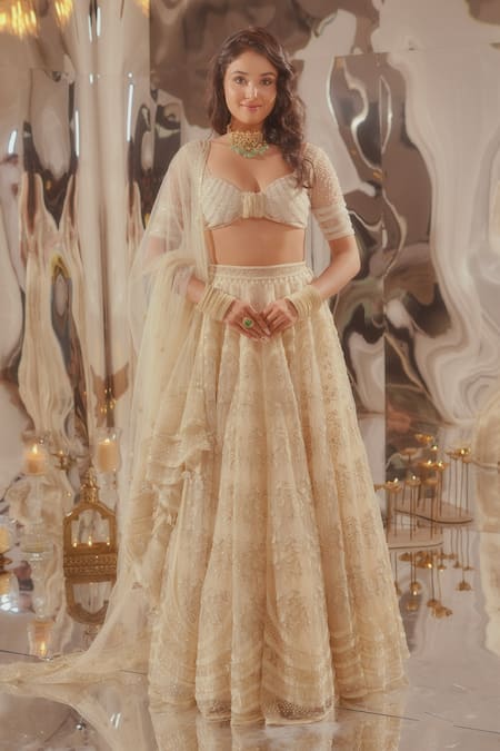 TUHINA SRIVASTAVA Off White Silk Velvet Embroidered Glass Bead Sweetheart Lehenga Blouse Set 