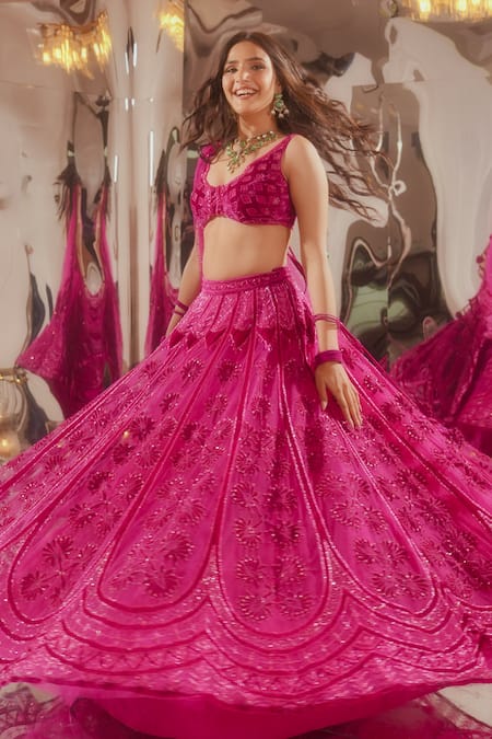 Buy_Tuhina Srivastava_Pink Tulle, Organza, Satin, Floral Embroidered Lehenga Blouse Set _Online_at_Aza_Fashions