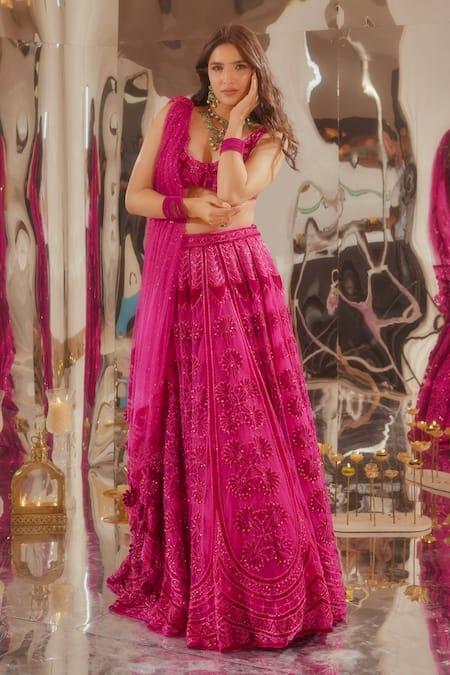 Shop_Tuhina Srivastava_Pink Tulle, Organza, Satin, Floral Embroidered Lehenga Blouse Set _Online_at_Aza_Fashions