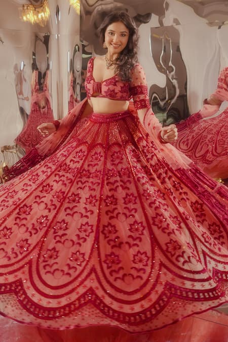 Buy_Tuhina Srivastava_Pink Organza, , Tulle, Satin Glass Embroidered Lehenga Set _Online_at_Aza_Fashions