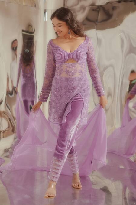 Shop_Tuhina Srivastava_Purple Tulle, Silk, Chiffon, Velvet Front Cut-out Short Kurta Pant Set _Online_at_Aza_Fashions