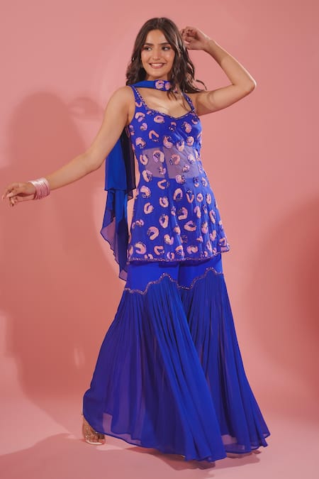Tuhina Srivastava Blue Leopard Spot Embroidered Kurta Sharara Set 
