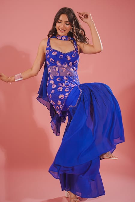 Tuhina Srivastava_Blue Chiffon Sequins, Beads, Embroidery, Cut Leopard Spot Kurta Sharara Set _at_Aza_Fashions