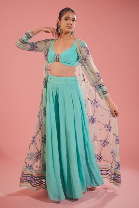 TUHINA SRIVASTAVA Blue Tulle Embroidery Floral Jacket Open Neck Jaal And Sharara Set 