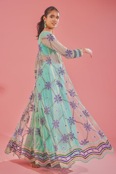 Shop_Tuhina Srivastava_Blue Chiffon, Silk Organza, Silk, Floral Jaal Embroidered Jacket And Sharara Set _Online_at_Aza_Fashions