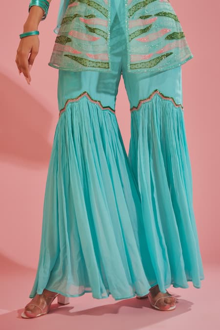 Buy_Tuhina Srivastava_Sky Blue Tulle, Chiffon, Silk Organza, Crepe Tiger Patchwork Kurta Sharara Set _Online_at_Aza_Fashions