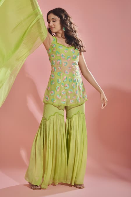 TUHINA SRIVASTAVA Green Tulle Embroidery Leopard Spots Sweetheart Wilderness Kurta Sharara Set 