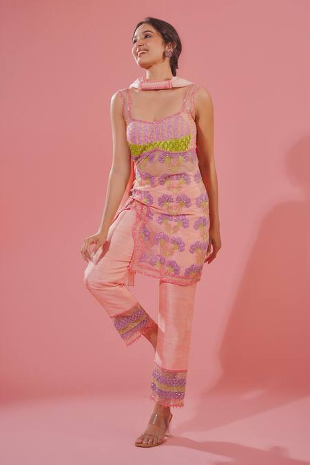 Shop_Tuhina Srivastava_Pink Silk Organza, Chiffon, Silk, Tulle Cut Work, Floral Resham Kurta Pant Set _Online_at_Aza_Fashions