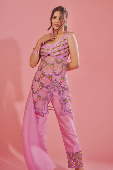 Shop_Tuhina Srivastava_Pink Organza, Chiffon, Tulle, Rayon, Abstract Floral Kurta Pant Set _Online_at_Aza_Fashions