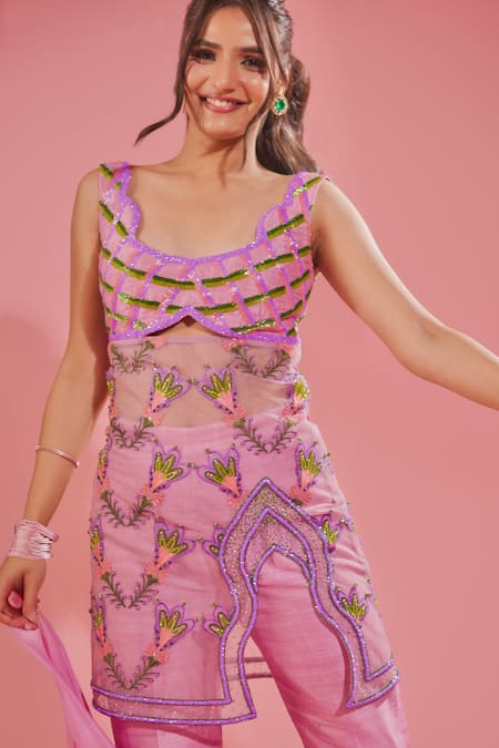 Tuhina Srivastava_Pink Organza, Chiffon, Tulle, Rayon, Abstract Floral Kurta Pant Set _at_Aza_Fashions