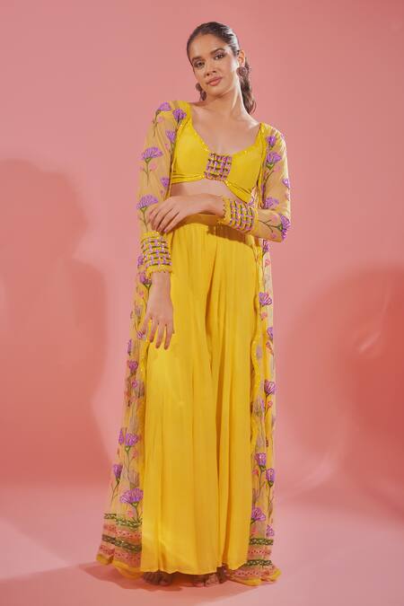 Buy_Tuhina Srivastava_Yellow Tulle, Chiffon, Organza, Floral Blossom Jacket And Sharara Set _Online_at_Aza_Fashions