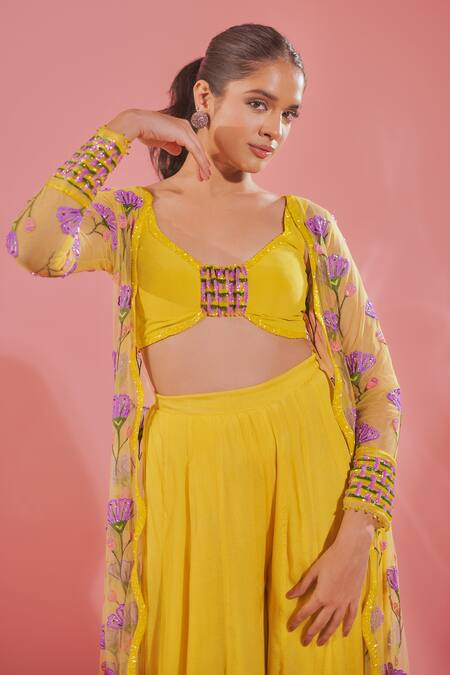 Shop_Tuhina Srivastava_Yellow Tulle, Chiffon, Organza, Floral Blossom Jacket And Sharara Set _Online_at_Aza_Fashions