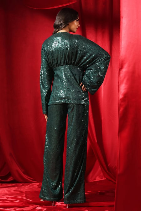 Shop_B'Infinite_Green Lycra Sequins V-neck Overlap Top And Trouser Set _at_Aza_Fashions