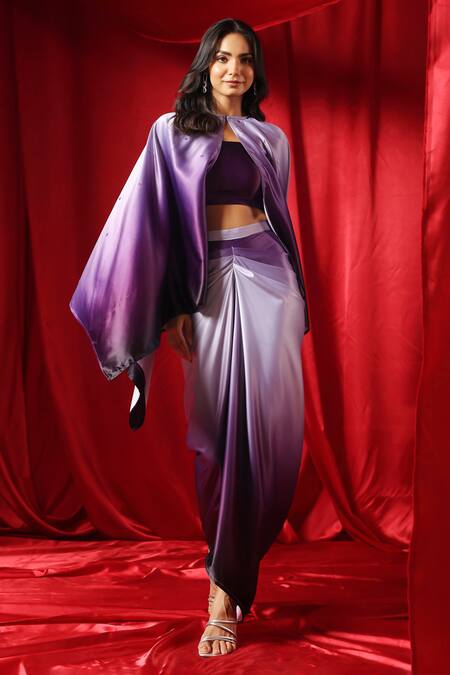 B'Infinite_Purple Satin Beads Round Neck Shaded Embellished Cape Draped Skirt Set_Online_at_Aza_Fashions