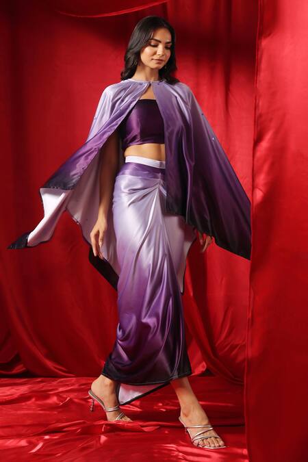 Shop_B'Infinite_Purple Satin Beads Round Neck Shaded Embellished Cape Draped Skirt Set_Online_at_Aza_Fashions