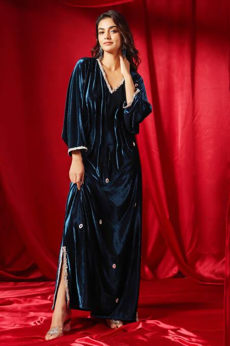 B'Infinite Blue Velvet Embellished V Neck Celestial Dress Online at Aza Fashions B'Infinite_Blue Velvet Embellished V Neck Celestial Dress_Online_at_Aza_Fashions