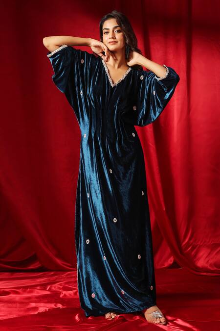 Buy B'Infinite Blue Velvet Embellished V Neck Celestial Dress Online at Aza Fashions Buy_B'Infinite_Blue Velvet Embellished V Neck Celestial Dress_Online_at_Aza_Fashions