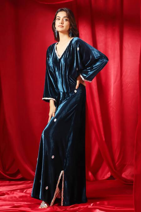 Shop B'Infinite Blue Velvet Embellished V Neck Celestial Dress Online at Aza Fashions Shop_B'Infinite_Blue Velvet Embellished V Neck Celestial Dress_Online_at_Aza_Fashions