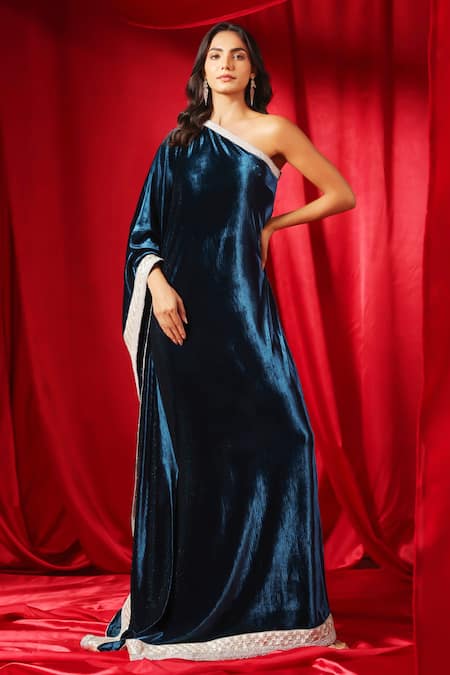 B'Infinite Blue Velvet Embellished One-shoulder Celestial Dress 